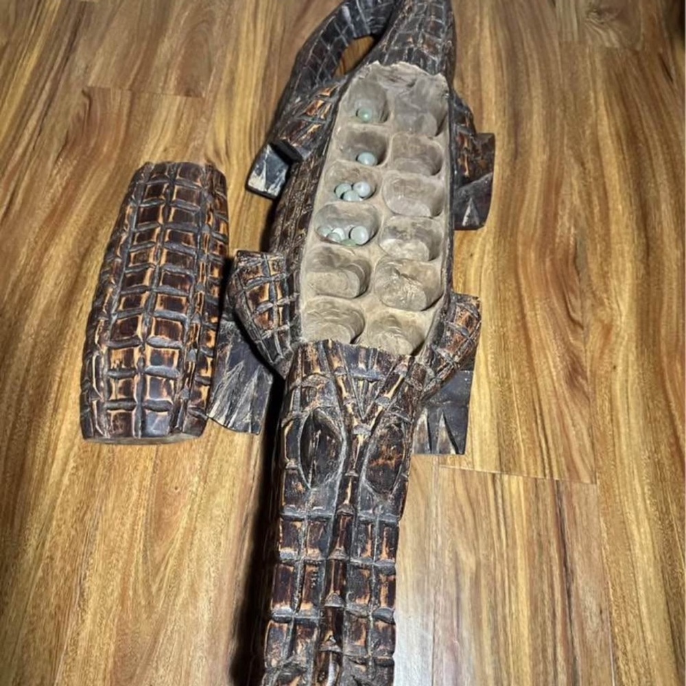 Handcrafted Wooden Crocodile Sculpture - Brown and Tan